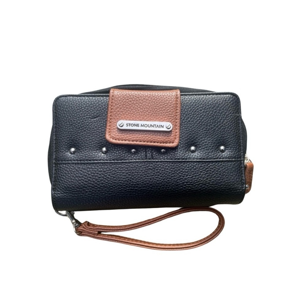 Stone Mountain Cognac and black leather wristlet clutch new